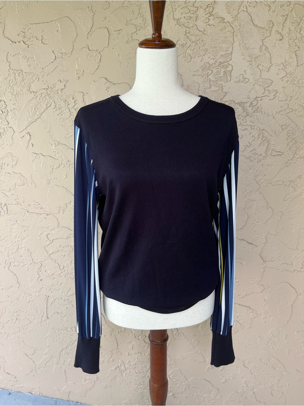 DKNY Black Pullover with Navy and White Striped Sleeves